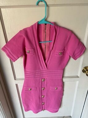 Vibrant Pink Short Sleeve Button Front Mini Dress